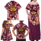 Personalised Brisbane Broncos Rugby Family Matching Off Shoulder Maxi Dress and Hawaiian Shirt Aboriginal Art Style Pink And Gold Patterned Graphics