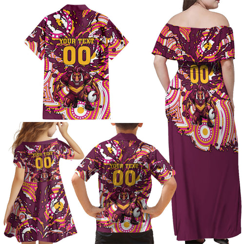 Personalised Brisbane Broncos Rugby Family Matching Off Shoulder Maxi Dress and Hawaiian Shirt Aboriginal Art Style Pink And Gold Patterned Graphics