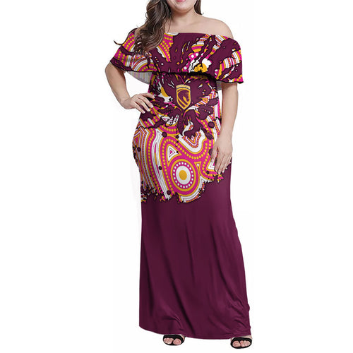 Personalised Brisbane Broncos Rugby Family Matching Off Shoulder Maxi Dress and Hawaiian Shirt Aboriginal Art Style Pink And Gold Patterned Graphics