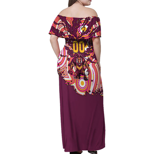 Personalised Brisbane Broncos Rugby Family Matching Off Shoulder Maxi Dress and Hawaiian Shirt Aboriginal Art Style Pink And Gold Patterned Graphics