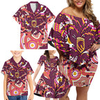 Personalised Brisbane Broncos Rugby Family Matching Off Shoulder Short Dress and Hawaiian Shirt Aboriginal Art Style Pink And Gold Patterned Graphics