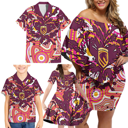 Personalised Brisbane Broncos Rugby Family Matching Off Shoulder Short Dress and Hawaiian Shirt Aboriginal Art Style Pink And Gold Patterned Graphics