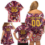 Personalised Brisbane Broncos Rugby Family Matching Off Shoulder Short Dress and Hawaiian Shirt Aboriginal Art Style Pink And Gold Patterned Graphics