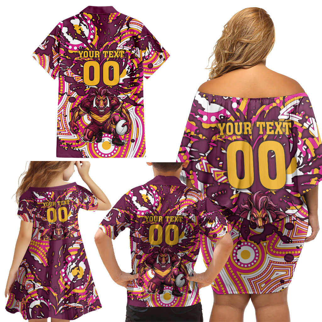 Personalised Brisbane Broncos Rugby Family Matching Off Shoulder Short Dress and Hawaiian Shirt Aboriginal Art Style Pink And Gold Patterned Graphics