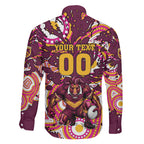 Personalised Brisbane Broncos Rugby Family Matching Off Shoulder Short Dress and Hawaiian Shirt Aboriginal Art Style Pink And Gold Patterned Graphics