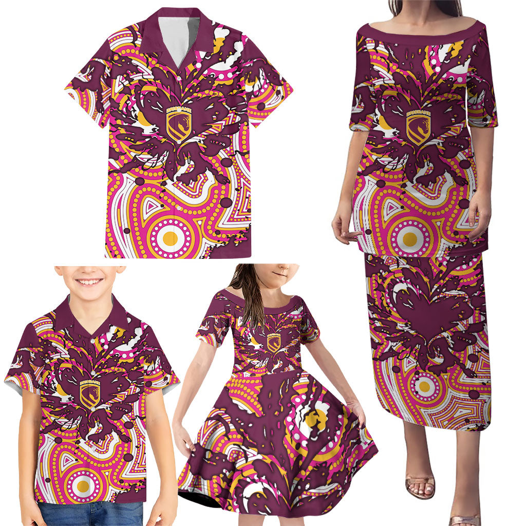 Personalised Brisbane Broncos Rugby Family Matching Puletasi and Hawaiian Shirt Aboriginal Art Style Pink And Gold Patterned Graphics