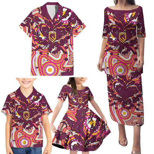 Personalised Brisbane Broncos Rugby Family Matching Puletasi and Hawaiian Shirt Aboriginal Art Style Pink And Gold Patterned Graphics