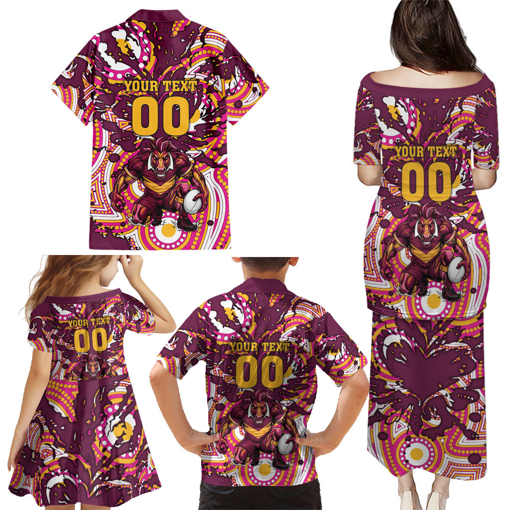 Personalised Brisbane Broncos Rugby Family Matching Puletasi and Hawaiian Shirt Aboriginal Art Style Pink And Gold Patterned Graphics