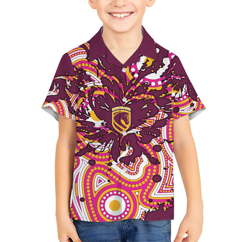 Personalised Brisbane Broncos Rugby Family Matching Puletasi and Hawaiian Shirt Aboriginal Art Style Pink And Gold Patterned Graphics