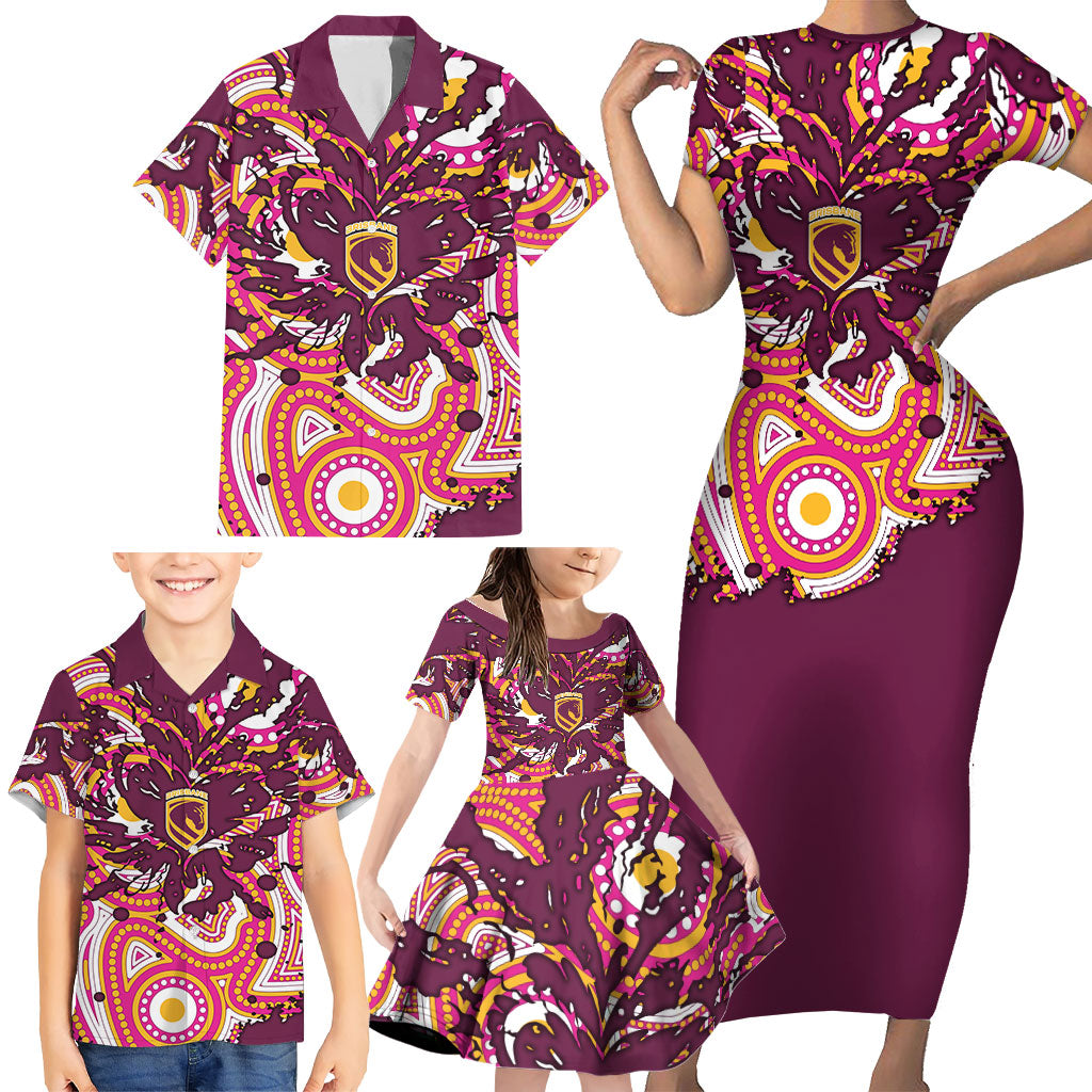 Personalised Brisbane Broncos Rugby Family Matching Short Sleeve Bodycon Dress and Hawaiian Shirt Aboriginal Art Style Pink And Gold Patterned Graphics
