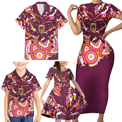 Personalised Brisbane Broncos Rugby Family Matching Short Sleeve Bodycon Dress and Hawaiian Shirt Aboriginal Art Style Pink And Gold Patterned Graphics