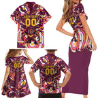 Personalised Brisbane Broncos Rugby Family Matching Short Sleeve Bodycon Dress and Hawaiian Shirt Aboriginal Art Style Pink And Gold Patterned Graphics