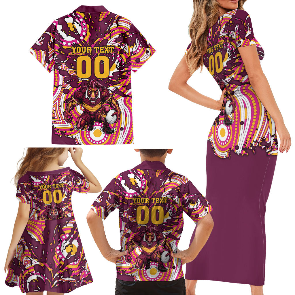 Personalised Brisbane Broncos Rugby Family Matching Short Sleeve Bodycon Dress and Hawaiian Shirt Aboriginal Art Style Pink And Gold Patterned Graphics