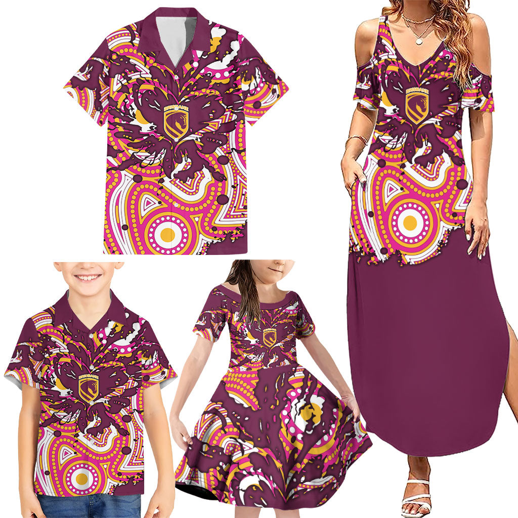 Personalised Brisbane Broncos Rugby Family Matching Summer Maxi Dress and Hawaiian Shirt Aboriginal Art Style Pink And Gold Patterned Graphics