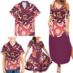 Personalised Brisbane Broncos Rugby Family Matching Summer Maxi Dress and Hawaiian Shirt Aboriginal Art Style Pink And Gold Patterned Graphics