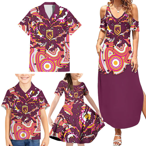 Personalised Brisbane Broncos Rugby Family Matching Summer Maxi Dress and Hawaiian Shirt Aboriginal Art Style Pink And Gold Patterned Graphics