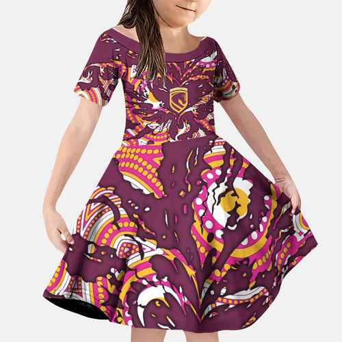 Personalised Brisbane Broncos Rugby Family Matching Summer Maxi Dress and Hawaiian Shirt Aboriginal Art Style Pink And Gold Patterned Graphics