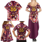 Personalised Brisbane Broncos Rugby Family Matching Summer Maxi Dress and Hawaiian Shirt Aboriginal Art Style Pink And Gold Patterned Graphics