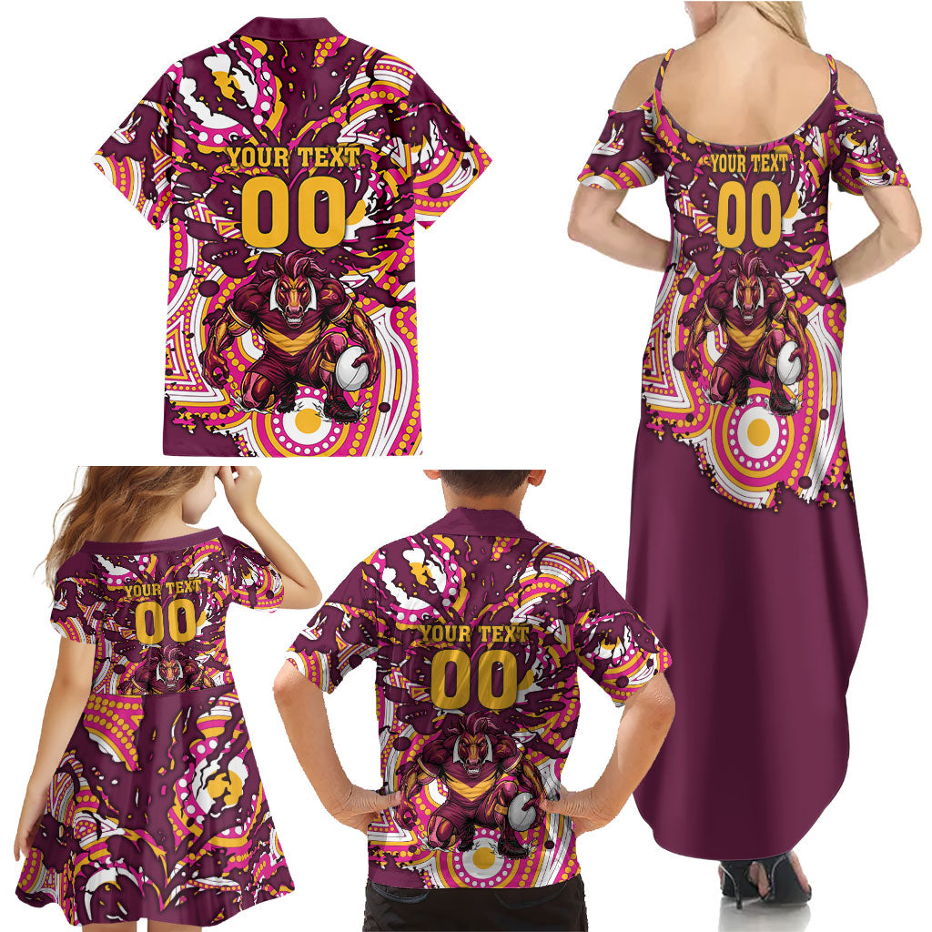 Personalised Brisbane Broncos Rugby Family Matching Summer Maxi Dress and Hawaiian Shirt Aboriginal Art Style Pink And Gold Patterned Graphics
