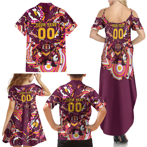 Personalised Brisbane Broncos Rugby Family Matching Summer Maxi Dress and Hawaiian Shirt Aboriginal Art Style Pink And Gold Patterned Graphics