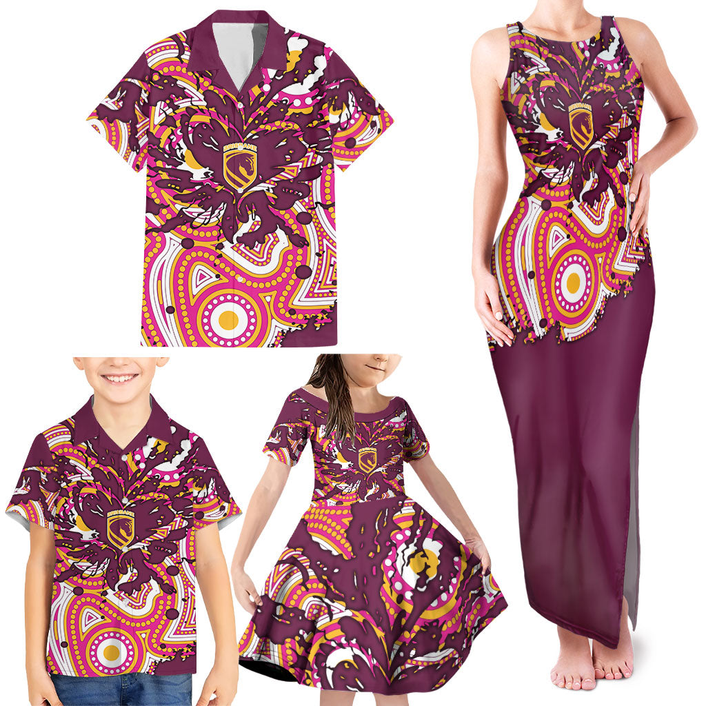 Personalised Brisbane Broncos Rugby Family Matching Tank Maxi Dress and Hawaiian Shirt Aboriginal Art Style Pink And Gold Patterned Graphics