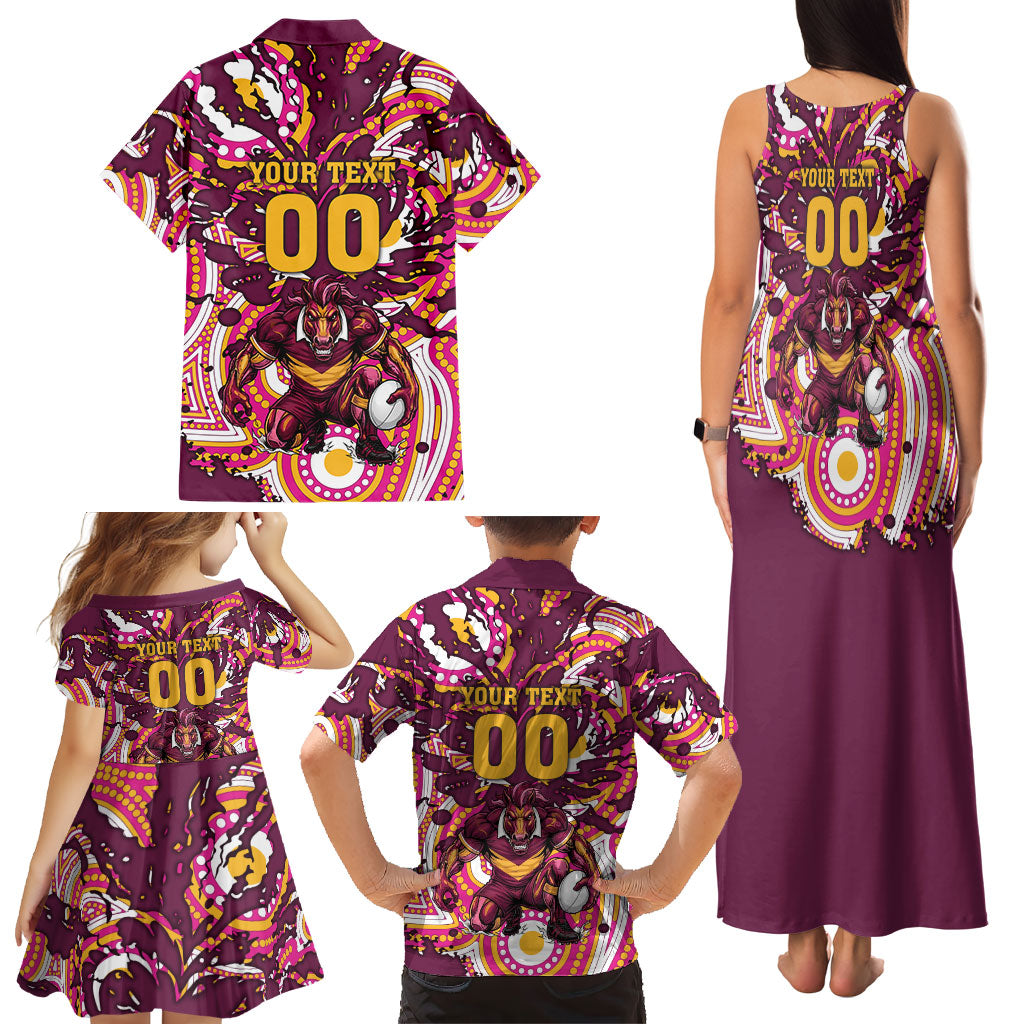 Personalised Brisbane Broncos Rugby Family Matching Tank Maxi Dress and Hawaiian Shirt Aboriginal Art Style Pink And Gold Patterned Graphics