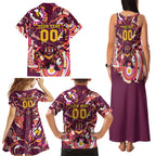 Personalised Brisbane Broncos Rugby Family Matching Tank Maxi Dress and Hawaiian Shirt Aboriginal Art Style Pink And Gold Patterned Graphics
