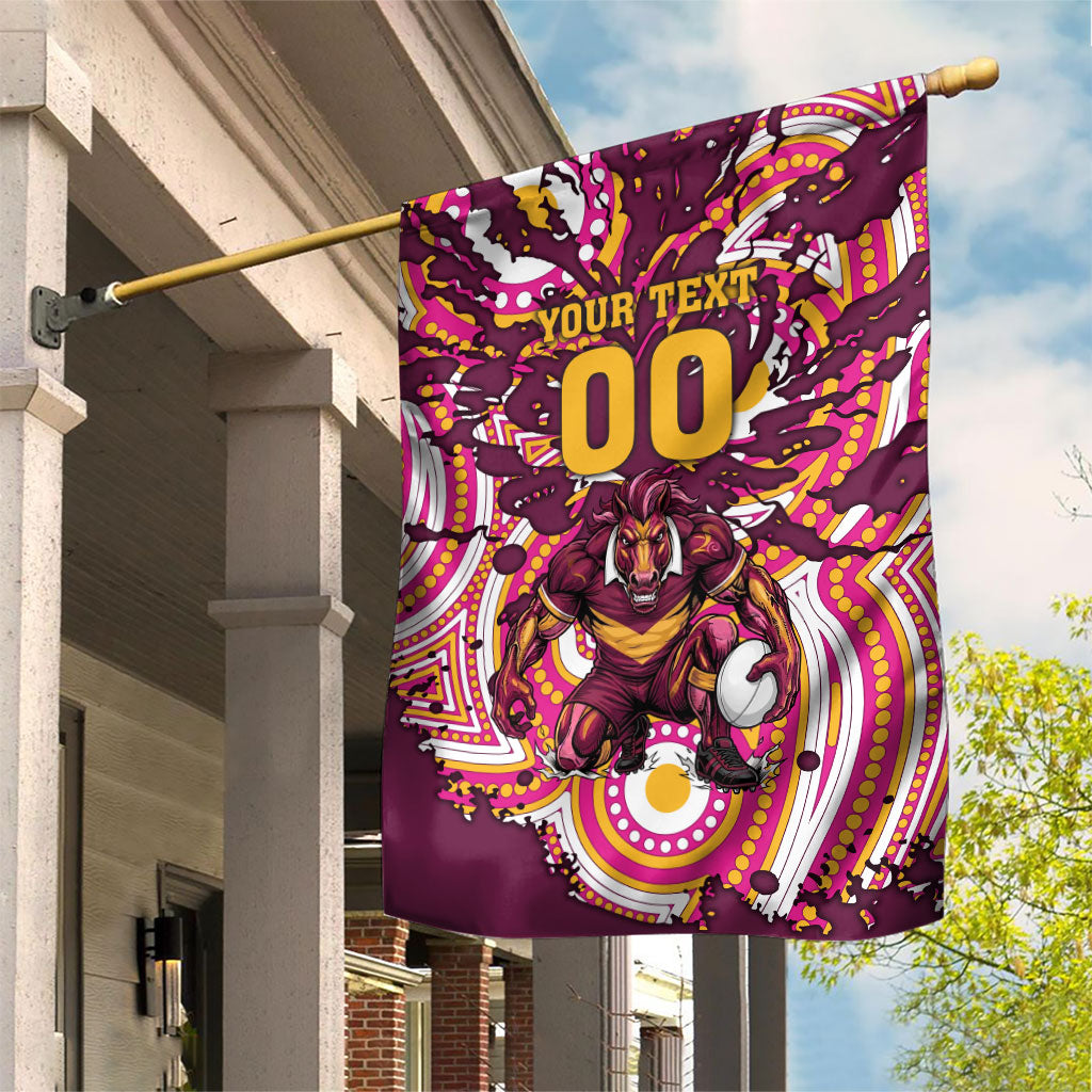 Personalised Brisbane Broncos Rugby Garden Flag Aboriginal Art Style Pink And Gold Patterned Graphics