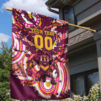 Personalised Brisbane Broncos Rugby Garden Flag Aboriginal Art Style Pink And Gold Patterned Graphics