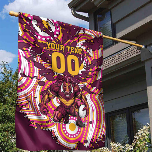 Personalised Brisbane Broncos Rugby Garden Flag Aboriginal Art Style Pink And Gold Patterned Graphics