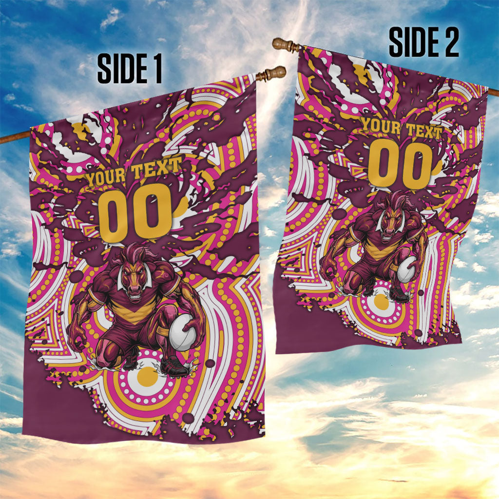 Personalised Brisbane Broncos Rugby Garden Flag Aboriginal Art Style Pink And Gold Patterned Graphics