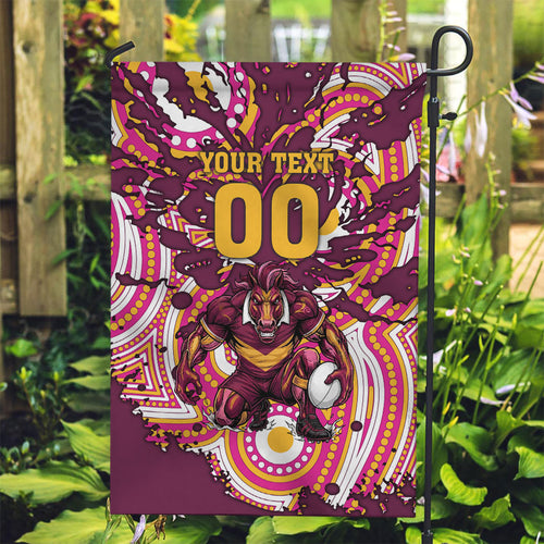 Personalised Brisbane Broncos Rugby Garden Flag Aboriginal Art Style Pink And Gold Patterned Graphics