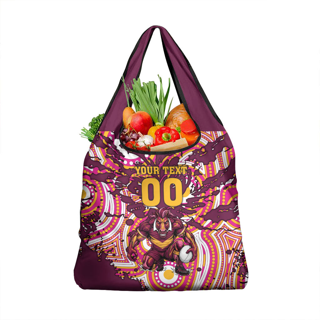 Personalised Brisbane Broncos Rugby Grocery Bag Aboriginal Art Style Pink And Gold Patterned Graphics