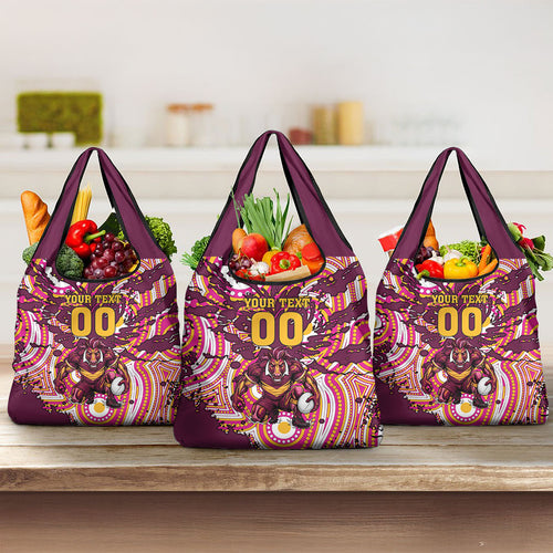 Personalised Brisbane Broncos Rugby Grocery Bag Aboriginal Art Style Pink And Gold Patterned Graphics