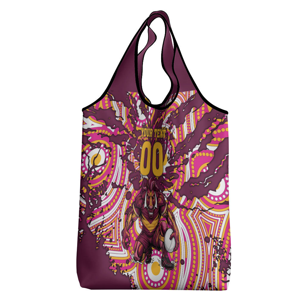 Personalised Brisbane Broncos Rugby Grocery Bag Aboriginal Art Style Pink And Gold Patterned Graphics
