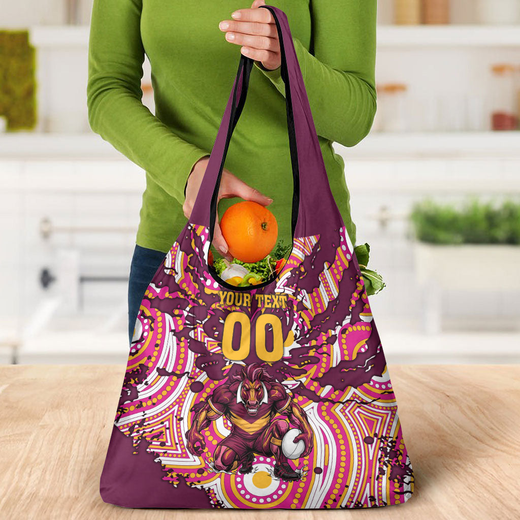 Personalised Brisbane Broncos Rugby Grocery Bag Aboriginal Art Style Pink And Gold Patterned Graphics