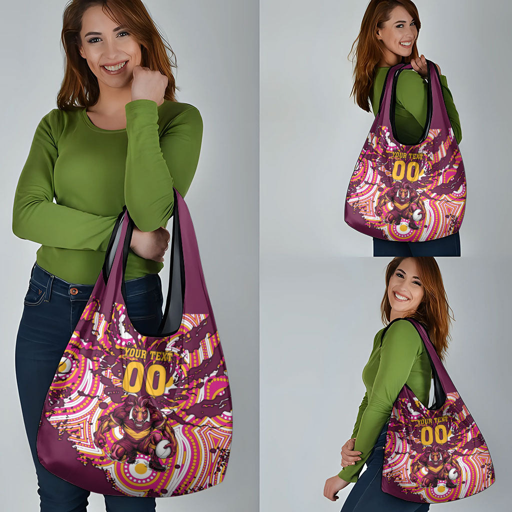 Personalised Brisbane Broncos Rugby Grocery Bag Aboriginal Art Style Pink And Gold Patterned Graphics