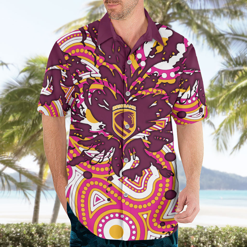 Personalised Brisbane Broncos Rugby Hawaiian Shirt Aboriginal Art Style Pink And Gold Patterned Graphics