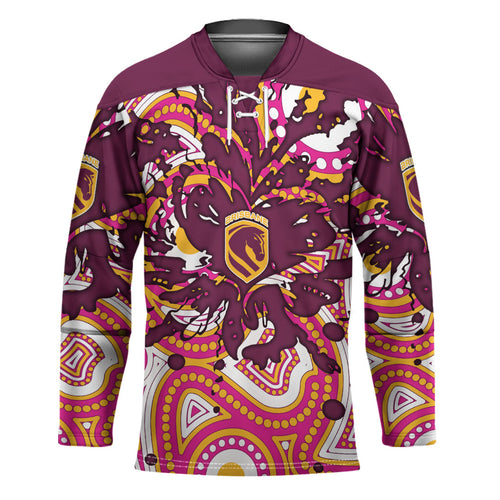 Personalised Brisbane Broncos Rugby Hockey Jersey Aboriginal Art Style Pink And Gold Patterned Graphics