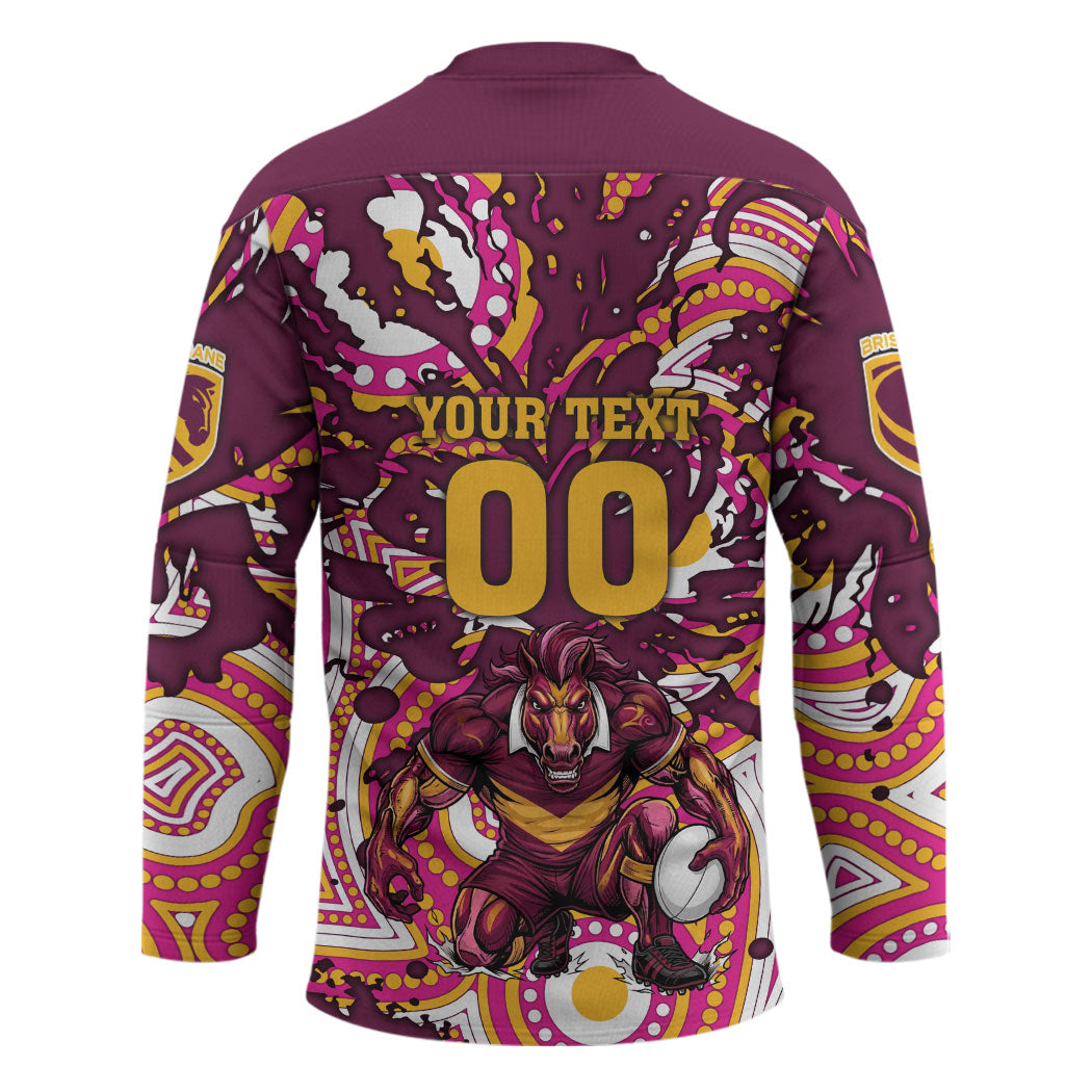 Personalised Brisbane Broncos Rugby Hockey Jersey Aboriginal Art Style Pink And Gold Patterned Graphics