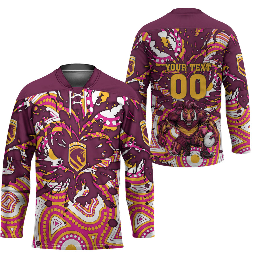 Personalised Brisbane Broncos Rugby Hockey Jersey Aboriginal Art Style Pink And Gold Patterned Graphics