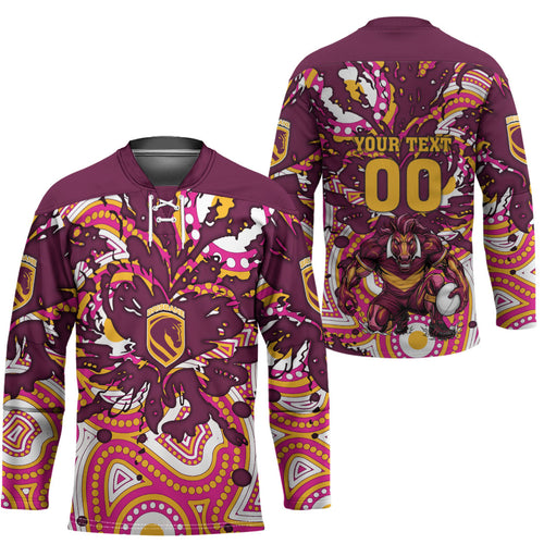 Personalised Brisbane Broncos Rugby Hockey Jersey Aboriginal Art Style Pink And Gold Patterned Graphics