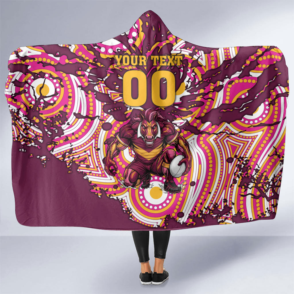 Personalised Brisbane Broncos Rugby Hooded Blanket Aboriginal Art Style Pink And Gold Patterned Graphics