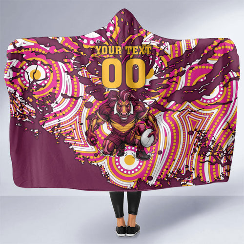 Personalised Brisbane Broncos Rugby Hooded Blanket Aboriginal Art Style Pink And Gold Patterned Graphics