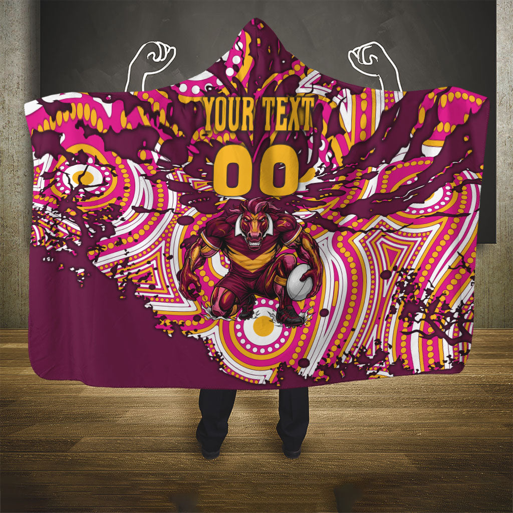 Personalised Brisbane Broncos Rugby Hooded Blanket Aboriginal Art Style Pink And Gold Patterned Graphics