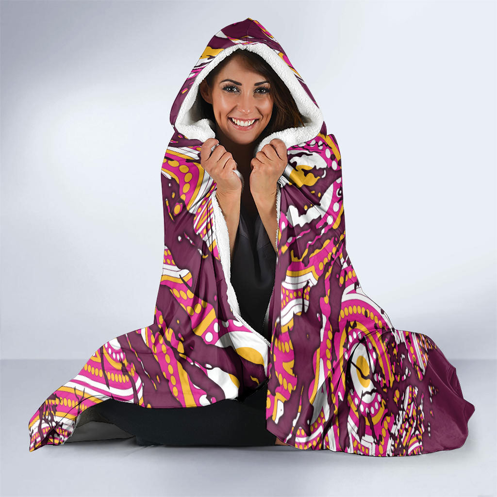 Personalised Brisbane Broncos Rugby Hooded Blanket Aboriginal Art Style Pink And Gold Patterned Graphics