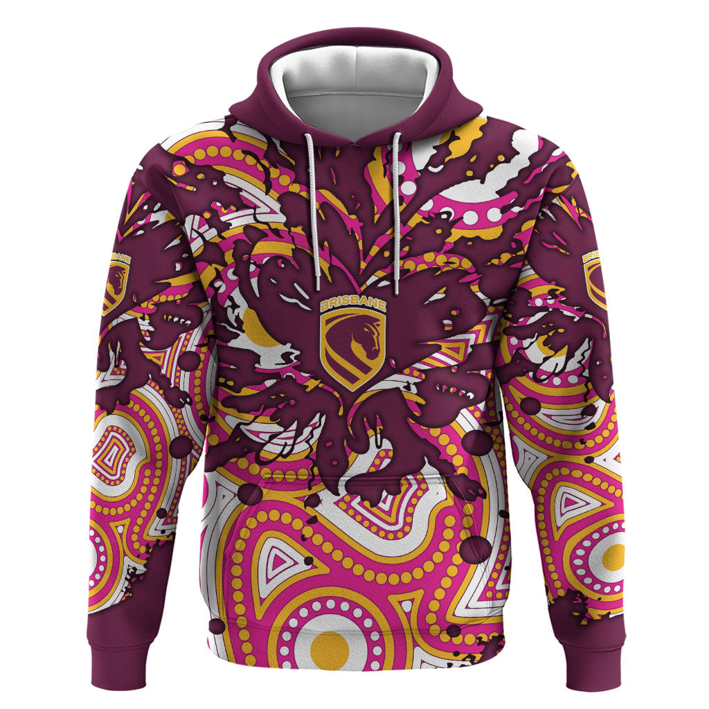 Personalised Brisbane Broncos Rugby Hoodie Aboriginal Art Style Pink And Gold Patterned Graphics