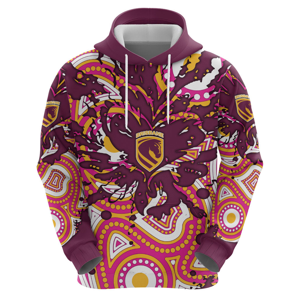 Personalised Brisbane Broncos Rugby Hoodie Aboriginal Art Style Pink And Gold Patterned Graphics