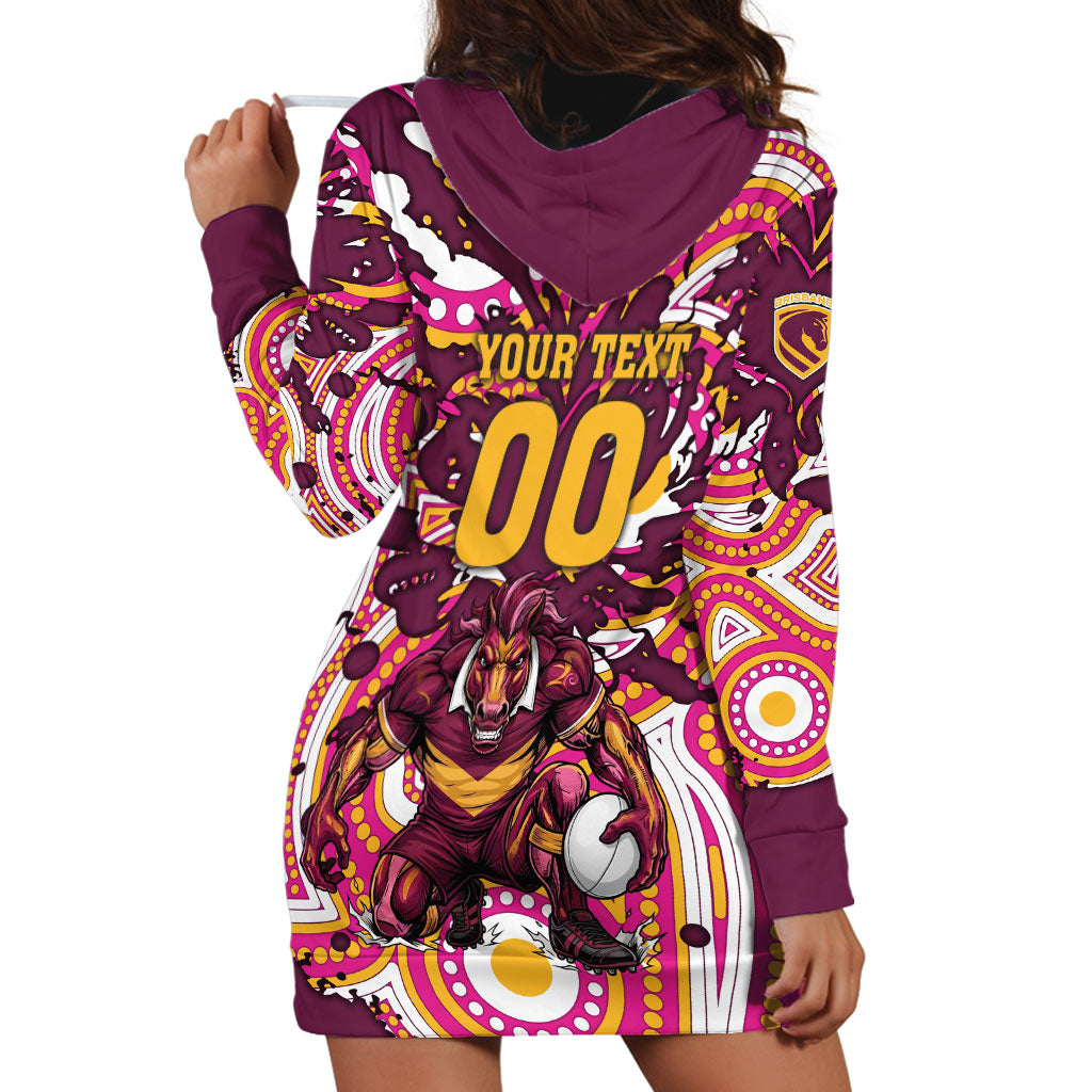 Personalised Brisbane Broncos Rugby Hoodie Dress Aboriginal Art Style Pink And Gold Patterned Graphics