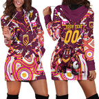 Personalised Brisbane Broncos Rugby Hoodie Dress Aboriginal Art Style Pink And Gold Patterned Graphics